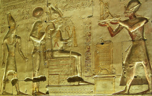 :  Pharaoh Ramses II with Horus, Isis and Osiris at Abydos (Photo by Don Knebel)